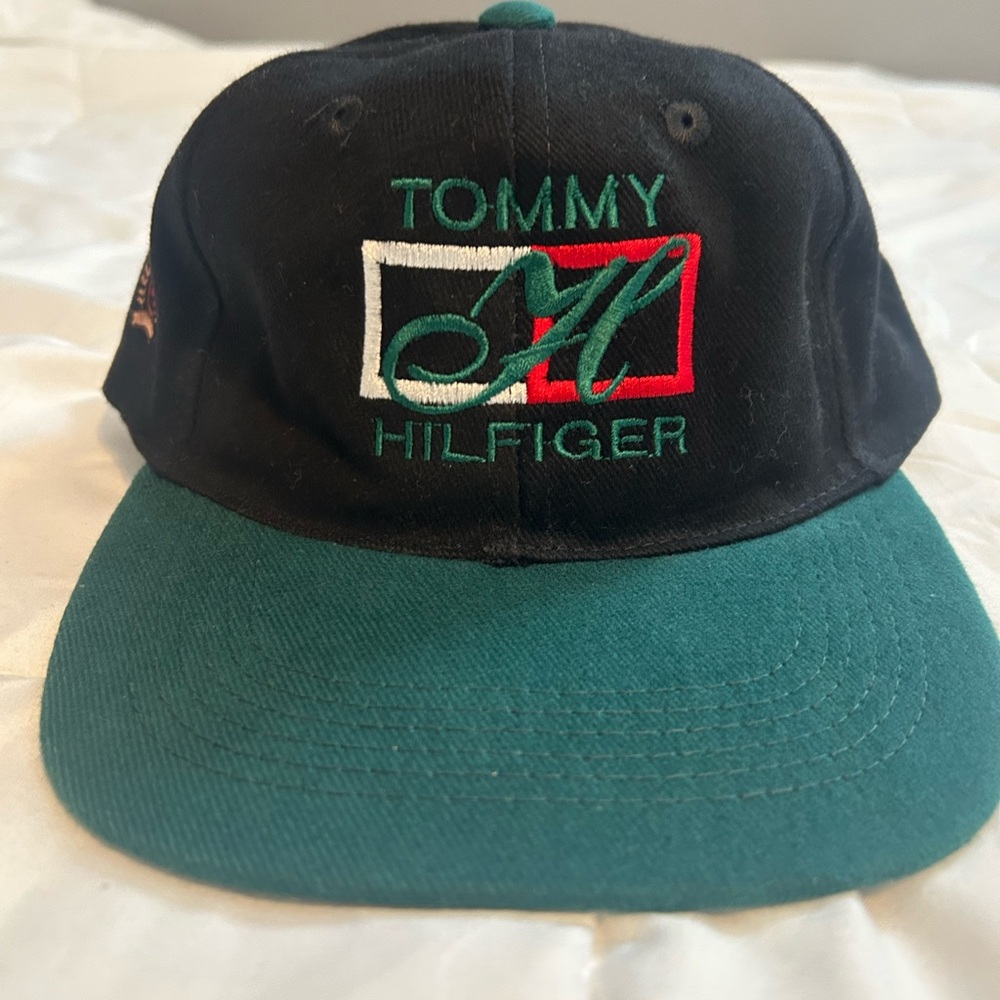 Vintage 90s Tommy Hilfiger Embroidered H Logo Black and Green Hat Like New Rare